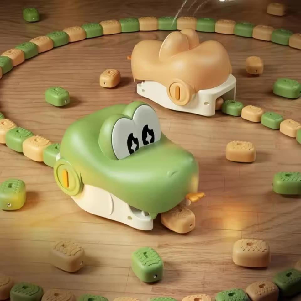 Two snakes inside a big ring of beans on a wooden floor