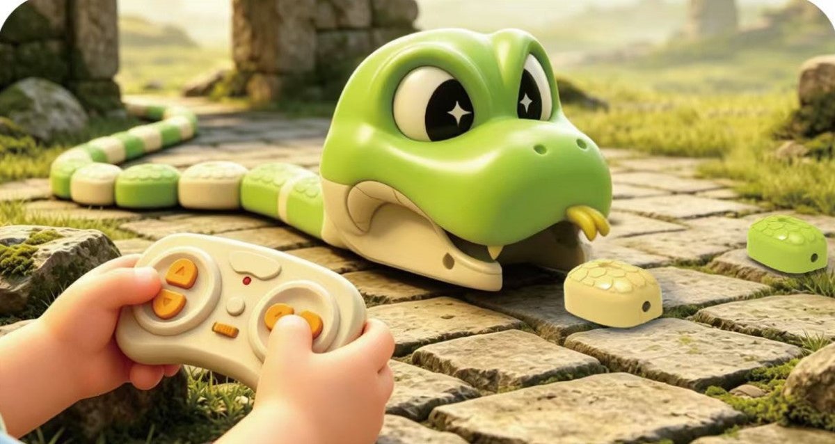 A green Nibbles snake chasing a magnetic bean across a stone path, remote control in a child's hands