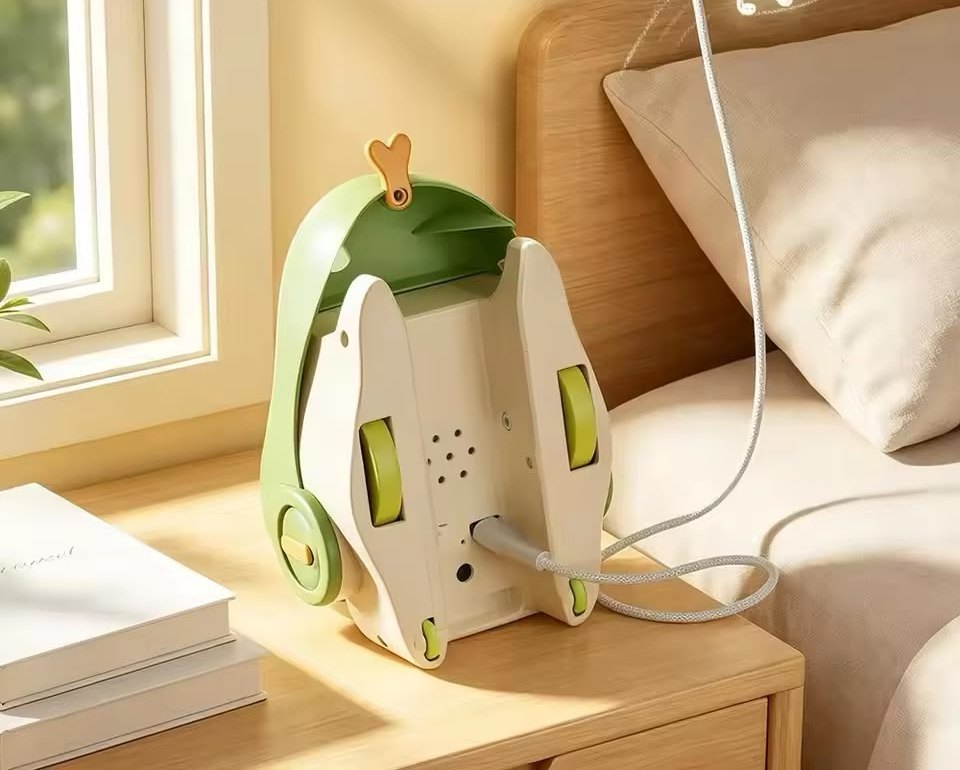Nibbles standing upright on a bedside table, charging over USB
